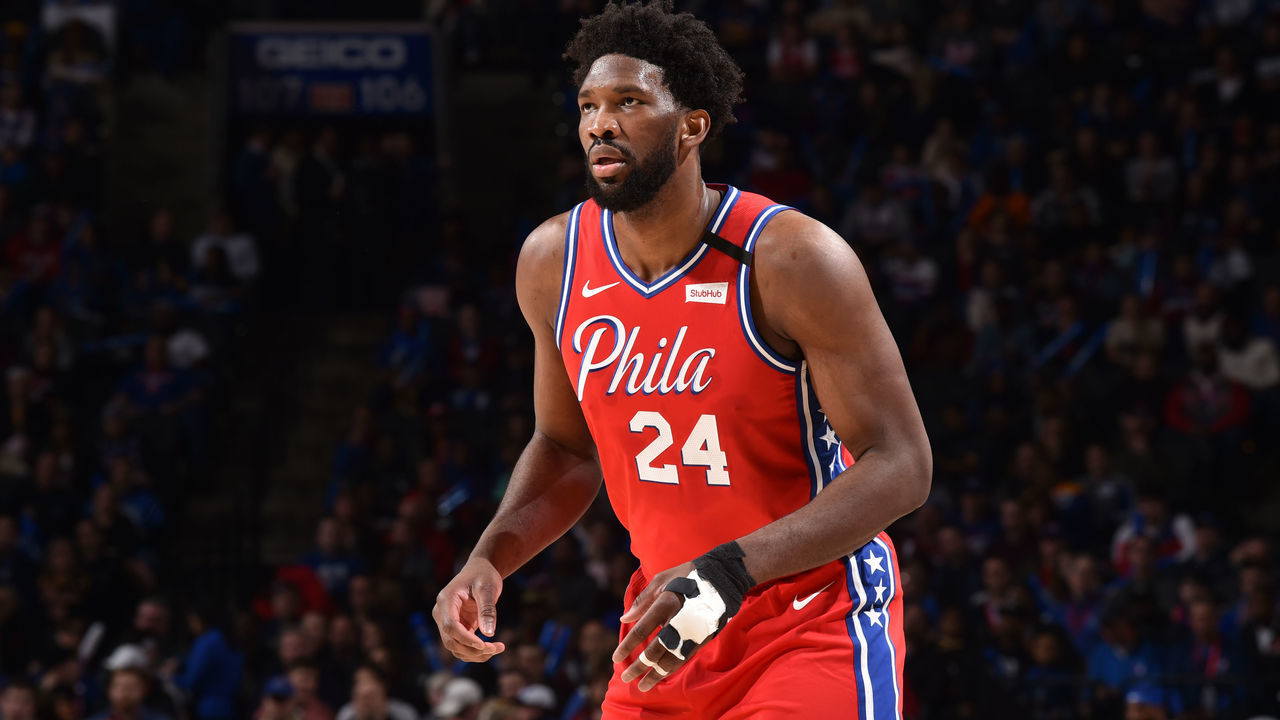 PHILADELPHIA, PA - JANUARY 28: Joel Embiid #21 of the Philadelphia 76ers, wearing #24 to honor Kobe Bryant, looks on during a game against the Golden State Warriors on January 28, 2020 at the Wells Fargo Center in Philadelphia, Pennsylvania NOTE TO USER: User expressly acknowledges and agrees that, by downloading and/or using this Photograph, user is consenting to the terms and conditions of the Getty Images License Agreement. Mandatory Copyright Notice: Copyright 2020 NBAE