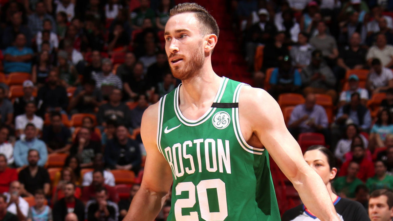MIAMI, FL - JANUARY 28: Gordon Hayward #20 of the Boston Celtics handles the ball during a game against the Miami Heat on January 28, 2020 at American Airlines Arena in Miami, Florida. Mandatory Copyright Notice: Copyright 2020 NBAE