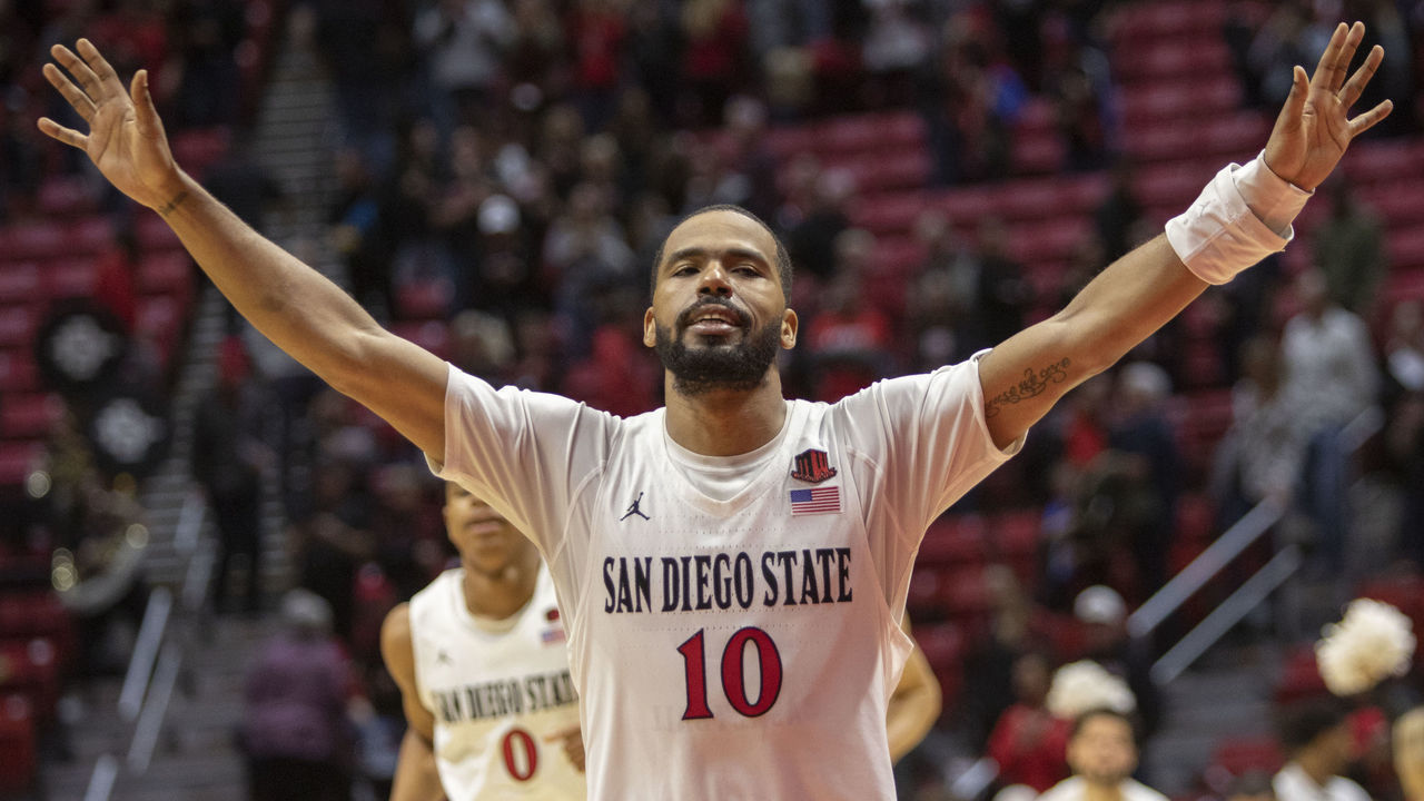 SAN DIEGO, CA - JANUARY 11: San Diego State University Aztecs guard KJ Feagin (10) celebrates after the game between the Boise State Broncos and the San Diego State University Aztecs on January 11, 2020 at the Steve Fisher Court at Viejas Arena in San Diego, California.