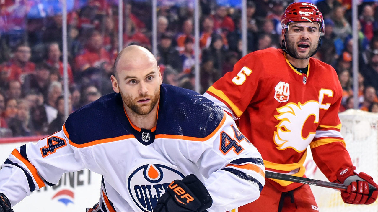 CALGARY, AB - JANUARY 11: Edmonton Oilers Right Wing Zack Kassian (44) has his helmet knocked off during the first period of an NHL game where the Calgary Flames hosted the Edmonton Oilers on January 11, 2020, at the Scotiabank Saddledome in Calgary, AB.