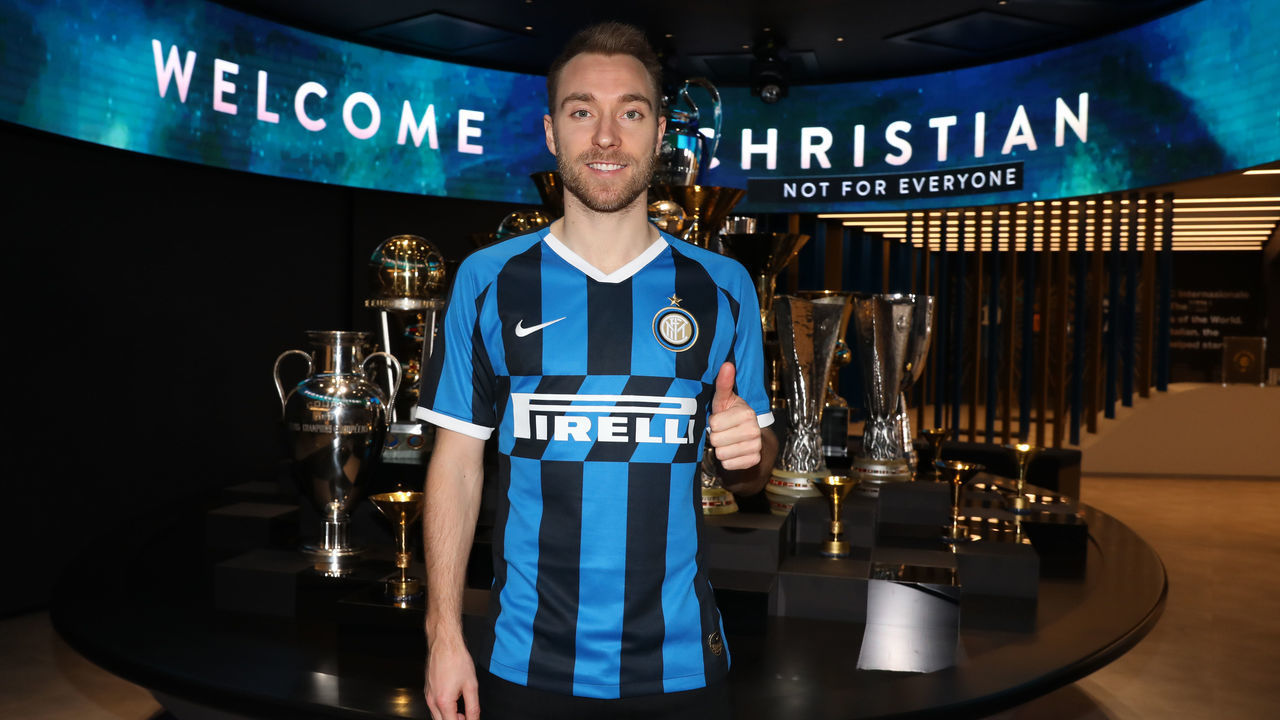 MILAN, ITALY - JANUARY 28: The new signing of FC Internazionale Milano Christian Eriksen poses with the team jersey on January 28, 2020 in Milan, Italy.