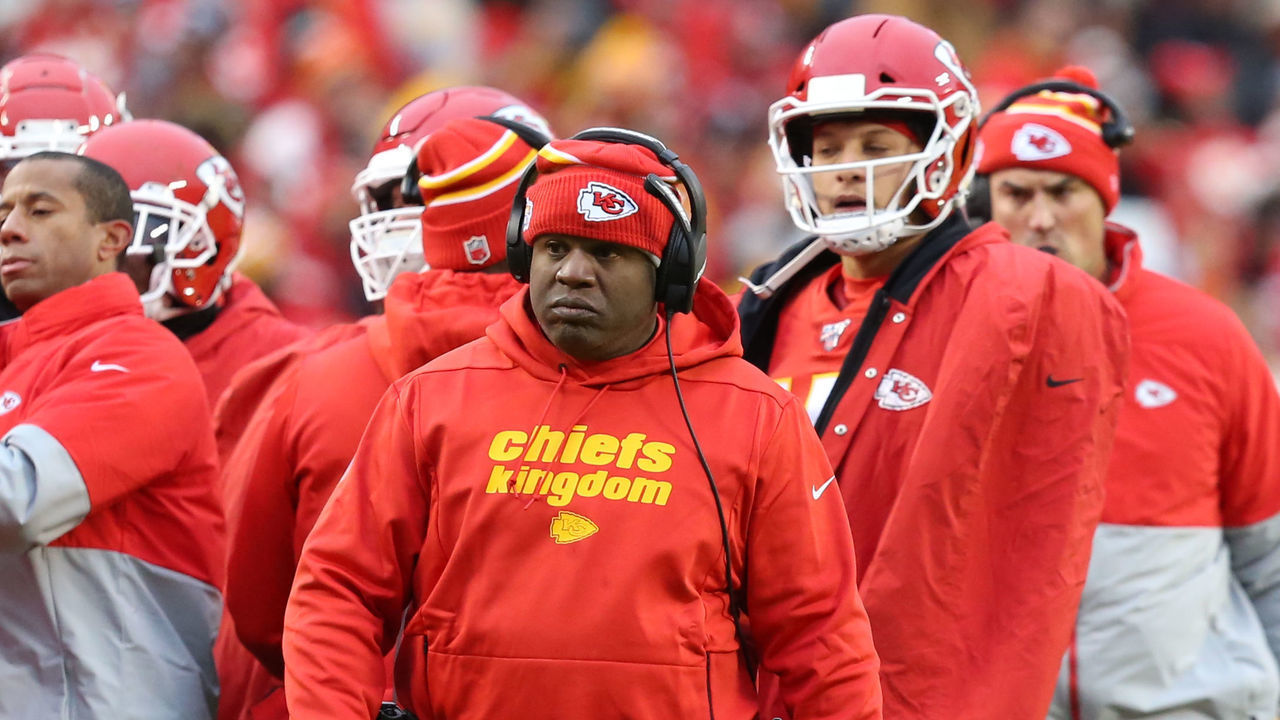 KANSAS CITY, MO - DECEMBER 01: Kansas City Chiefs offensive coordinator Eric Bieniemy and quarterback Patrick Mahomes (15) stand on the sideline during an AFC West game between the Oakland Raiders and Kansas City Chiefs on December 1, 2019 at Arrowhead Stadium in Kansas City, MO.