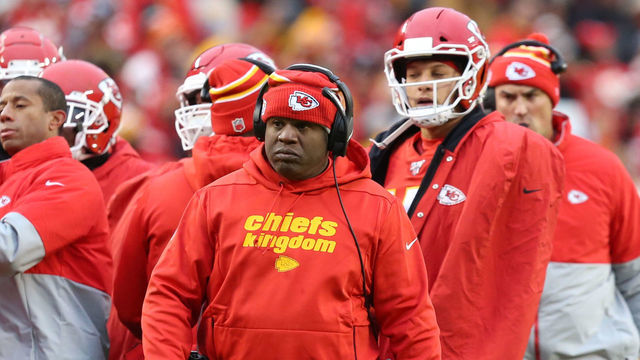 KANSAS CITY, MO - DECEMBER 01: Kansas City Chiefs offensive coordinator Eric Bieniemy and quarterback Patrick Mahomes (15) stand on the sideline during an AFC West game between the Oakland Raiders and Kansas City Chiefs on December 1, 2019 at Arrowhead Stadium in Kansas City, MO.