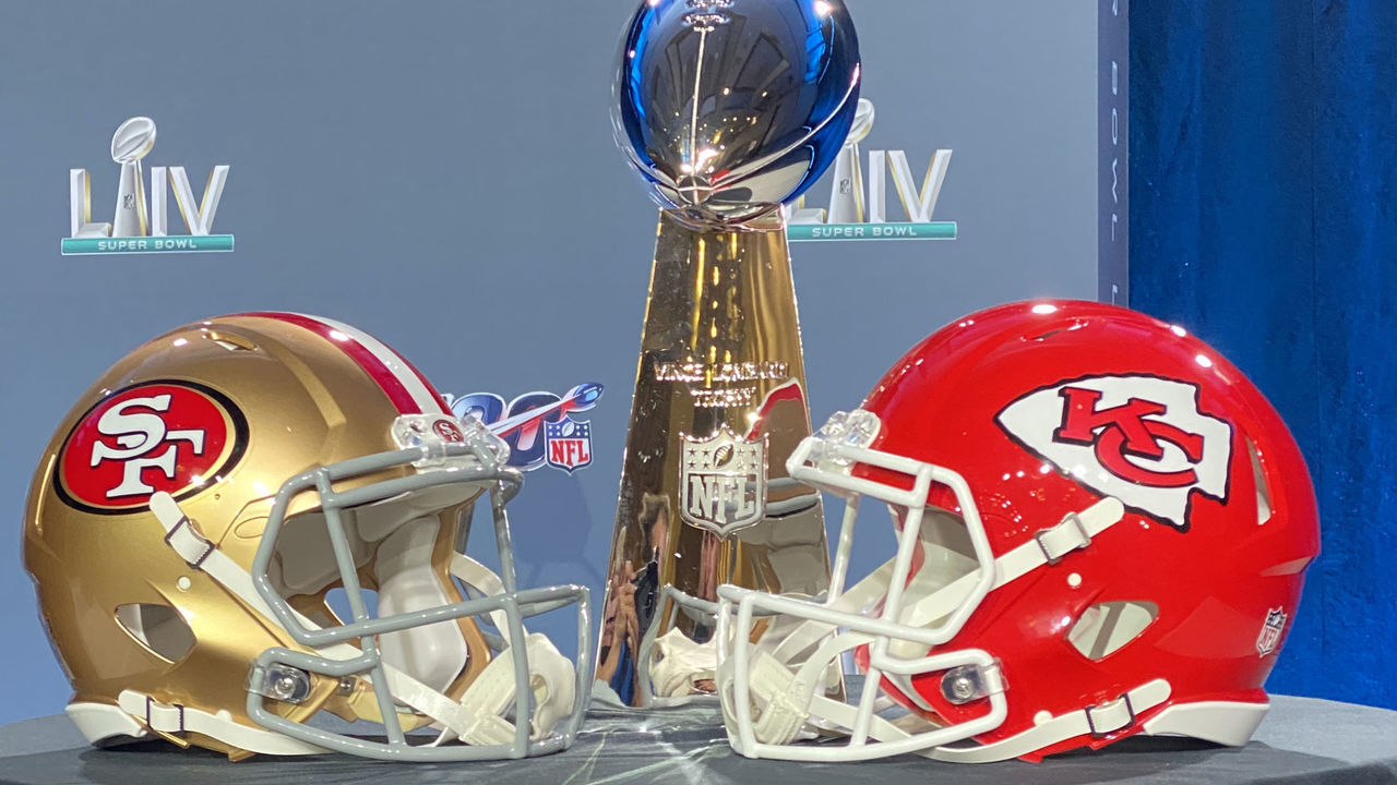 MIAMI, FL - JANUARY 29: The Vince Lombardi Trophy is displayed before the Commissioners press conference with a San Francisco 49ers and Kansas City Chiefs helmet on January 29, 2020 at the Hilton Downtown in Miami, FL. Photo taken with an iphone 11 Pro.