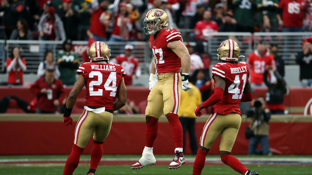 SANTA CLARA, CA - JANUARY 19: San Francisco 49ers Defensive End Nick Bosa (97) celebrates after sacking Green Bay Packers Quarterback Aaron Rodgers (12) during an NFC Conference Championship game between the San Francisco 49ers and the Green Bay Packers on January 19, 2020, at Levi's Stadium in Santa Clara, California.
