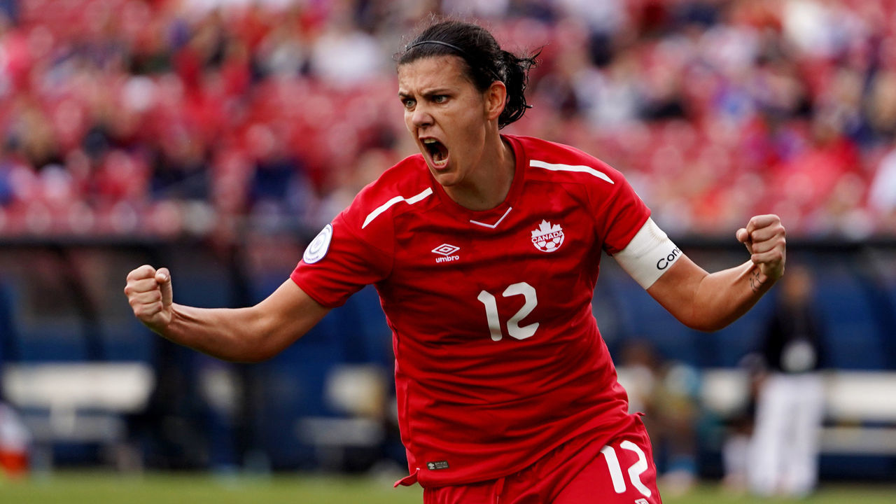 Christine Sinclair of Canada celebrates her goal During Concacaf Women's Championship Semi-Final match between Panama against Canada at Toyota Stadium, Frisco on October 14, 2018
