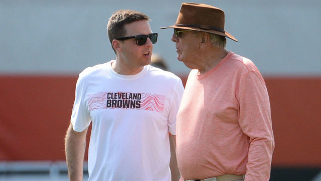 BEREA, OH - JULY 28: Assistant general manager Eliot Wolf (L) talks with his father and Hall of Fame general manager Ron Wolf during a training camp practice on July 28, 2018 at the Cleveland Browns training facility in Berea, Ohio.