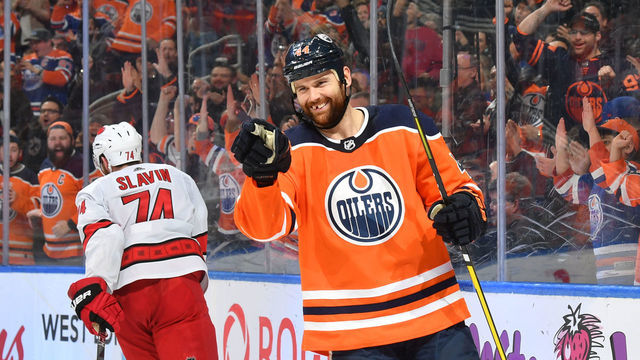 EDMONTON, AB - DECEMBER 10: Zack Kassian #44 of the Edmonton Oilers celebrates after a goal during the game against the Carolina Hurricanes on December 10, 2019, at Rogers Place in Edmonton, Alberta, Canada.