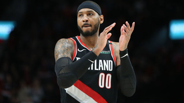 PORTLAND, OREGON - JANUARY 20: Carmelo Anthony #00 of the Portland Trail Blazers reacts in overtime against the Golden State Warriors during their game at Moda Center on January 20, 2020 in Portland, Oregon.