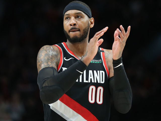 PORTLAND, OREGON - JANUARY 20: Carmelo Anthony #00 of the Portland Trail Blazers reacts in overtime against the Golden State Warriors during their game at Moda Center on January 20, 2020 in Portland, Oregon.
