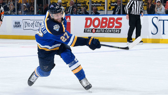 ST. LOUIS, MO - OCTOBER 24: Alex Pietrangelo #27 of the St. Louis Blues takes a shot against the Los Angeles Kings at Enterprise Center on October 24, 2019 in St. Louis, Missouri.