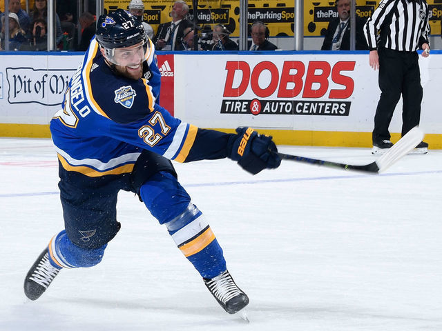 ST. LOUIS, MO - OCTOBER 24: Alex Pietrangelo #27 of the St. Louis Blues takes a shot against the Los Angeles Kings at Enterprise Center on October 24, 2019 in St. Louis, Missouri.
