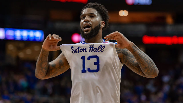 NEWARK, NJ - JANUARY 29: Seton Hall Pirates guard Myles Powell (13) reacts during the second half of the college basketball game between the DePaul Blue Demons and Seton Hall Pirates on January 29, 2020 at Prudential Center in Newark, NJ