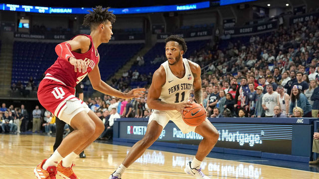 UNIVERSITY PARK, PA - JANUARY 29: Lamar Stevens #11 of the Penn State Nittany Lions tries to get around Trayce Jackson-Davis #4 of the Indiana Hoosiers in the first half during a college basketball game at the Bryce Jordan Center on January 29, 2020 in University Park, Pennsylvania.
