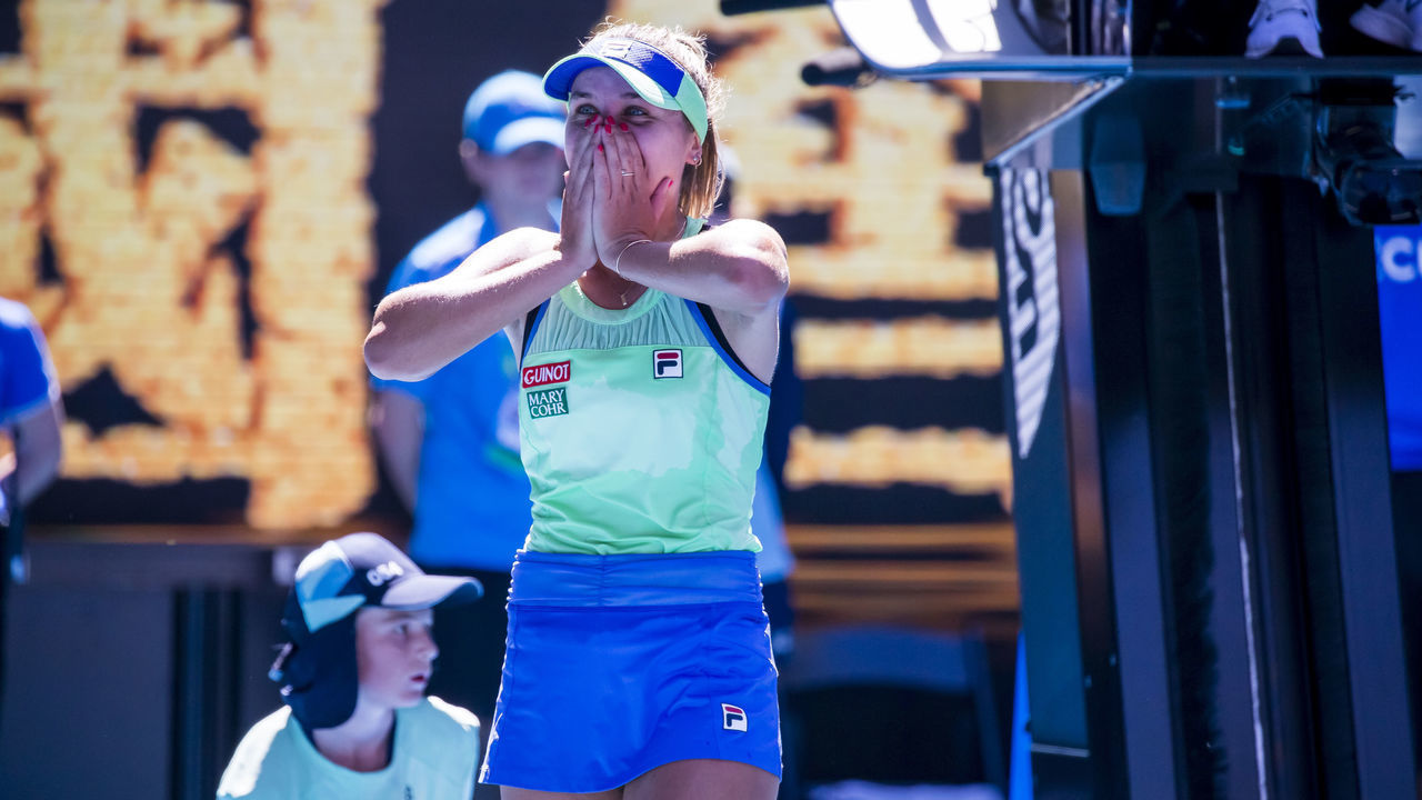 MELBOURNE, VIC - JANUARY 30: Sofia Kenin of the Untied States of America celebrates winning her match during the semifinals of the 2020 Australian Open on January 30 2020, at Melbourne Park in Melbourne, Australia. MELBOURNE, VIC - JANUARY 30: