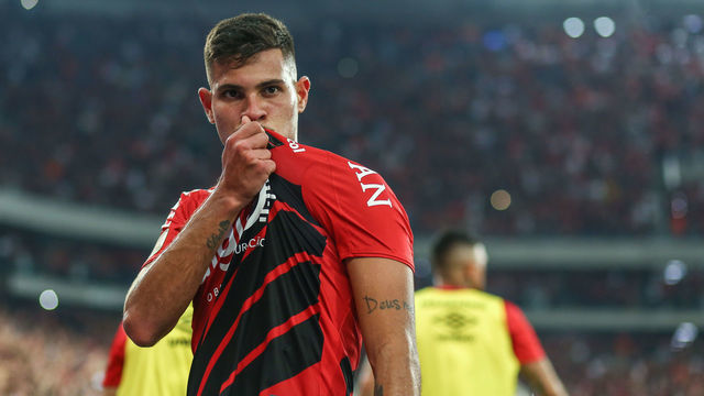 CURITIBA, BRAZIL - SEPTEMBER 11: Bruno Guimarães of Athletico PR celebrates after scoring the first goal of his team during the match Athletico PR v Internacional as part of Copa do Brasil Final, at Arena da Baixada Stadium on September 11, 2019 in Curitiba, Brazil.