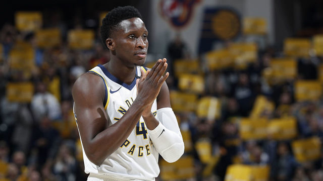 INDIANAPOLIS, IN - JANUARY 29: Victor Oladipo #4 of the Indiana Pacers looks on after coming into the game in the first half against the Chicago Bulls at Bankers Life Fieldhouse on January 29, 2020 in Indianapolis, Indiana. The Pacers defeated the Bulls 115-106 in overtime.