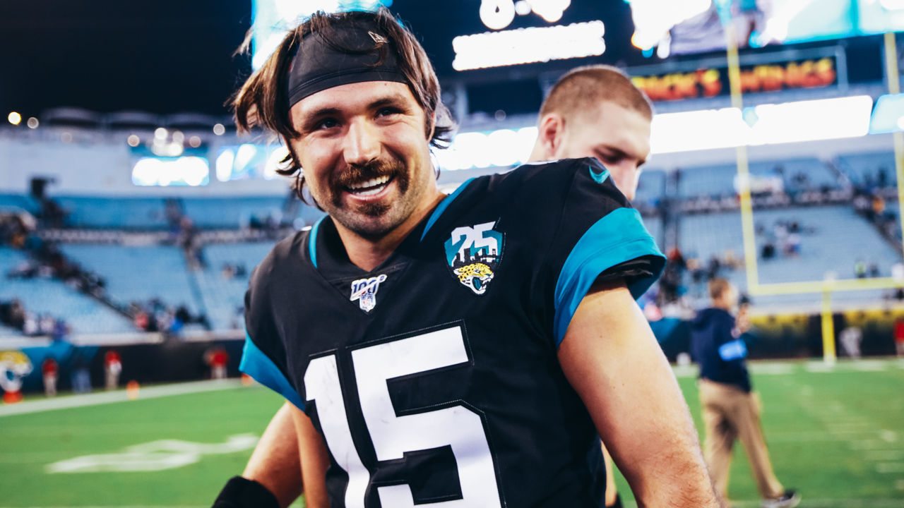 JACKSONVILLE, FLORIDA - DECEMBER 08: Gardner Minshew II of the Jacksonville Jaguars leaves the field after a loss to the Los Angeles Chargers at TIAA Bank Field on December 08, 2019 in Jacksonville, Florida.