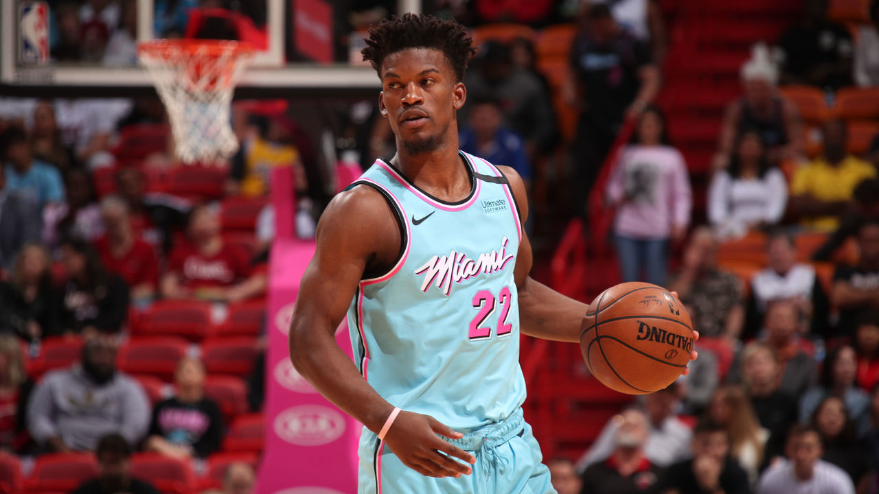MIAMI, FL - JANUARY 27: Jimmy Butler #22 of the Miami Heat handles the ball against the Orlando Magic on January 27, 2020 at American Airlines Arena in Miami, Florida. Mandatory Copyright Notice: Copyright 2020 NBAE