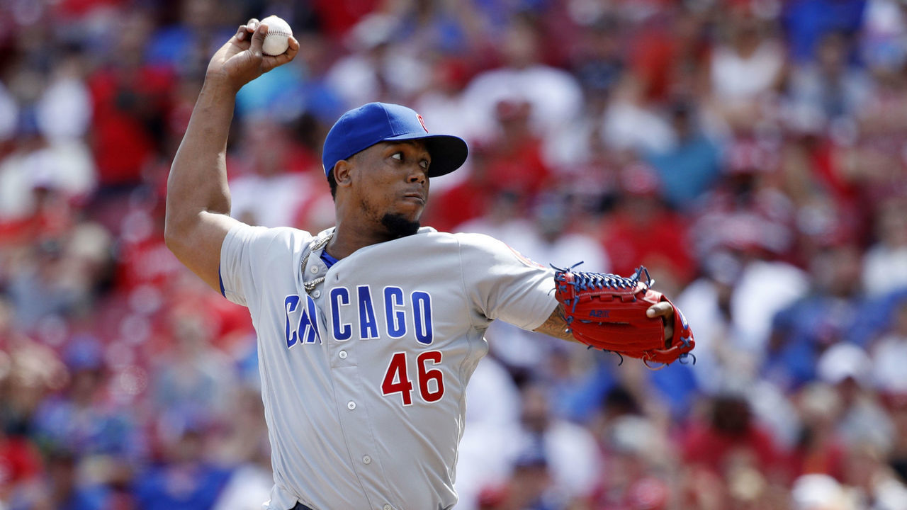 CINCINNATI, OH - AUGUST 11: Pedro Strop #46 of the Chicago Cubs pitches in the ninth inning against the Cincinnati Reds at Great American Ball Park on August 11, 2019 in Cincinnati, Ohio. The Cubs defeated the Reds 6-3.