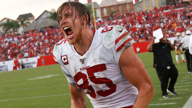 TAMPA, FL - SEPTERMBER 8: George Kittle #85 of the San Francisco 49ers yells in victory on the sideline during the game against the Tampa Bay Buccaneers at Raymond James Stadium on September 8, 2019 in Tampa, Florida. The 49ers defeated the Buccaneers 31-17.