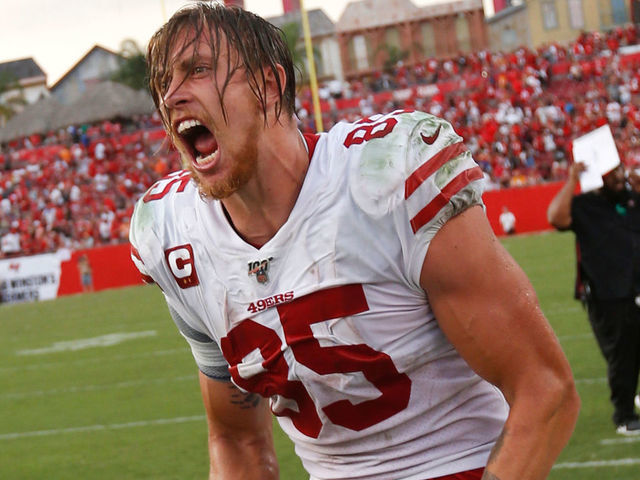 TAMPA, FL - SEPTERMBER 8: George Kittle #85 of the San Francisco 49ers yells in victory on the sideline during the game against the Tampa Bay Buccaneers at Raymond James Stadium on September 8, 2019 in Tampa, Florida. The 49ers defeated the Buccaneers 31-17.