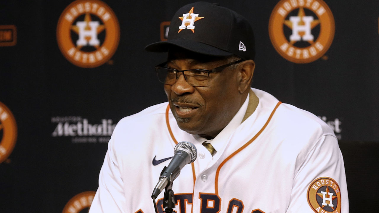HOUSTON, TEXAS - JANUARY 30: Dusty Baker takes questions from the media during a press conference to introduce him as their new manager at Minute Maid Park on January 30, 2020 in Houston, Texas.