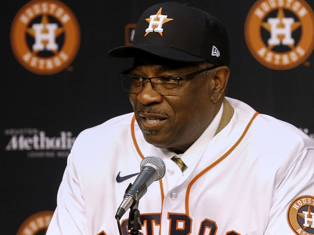 HOUSTON, TEXAS - JANUARY 30: Dusty Baker takes questions from the media during a press conference to introduce him as their new manager at Minute Maid Park on January 30, 2020 in Houston, Texas.
