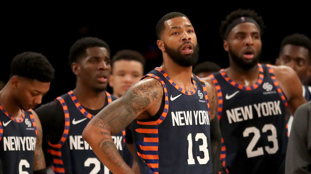 NEW YORK, NEW YORK - JANUARY 29: Marcus Morris Sr. #13 and Elfrid Payton #6 of the New York Knicks wait the ruling of the referees late in the fourth quarter after a shoving match with Jae Crowder #99 of the Memphis Grizzlies at Madison Square Garden on January 29, 2020 in New York City.Elfrid Payton #6 and Marcus Morris Sr. #13 of the New York Knicks were ejected along with Jae Crowder #99 of the Memphis Grizzlies.The Memphis Grizzlies defeated the New York Knicks 127-106.