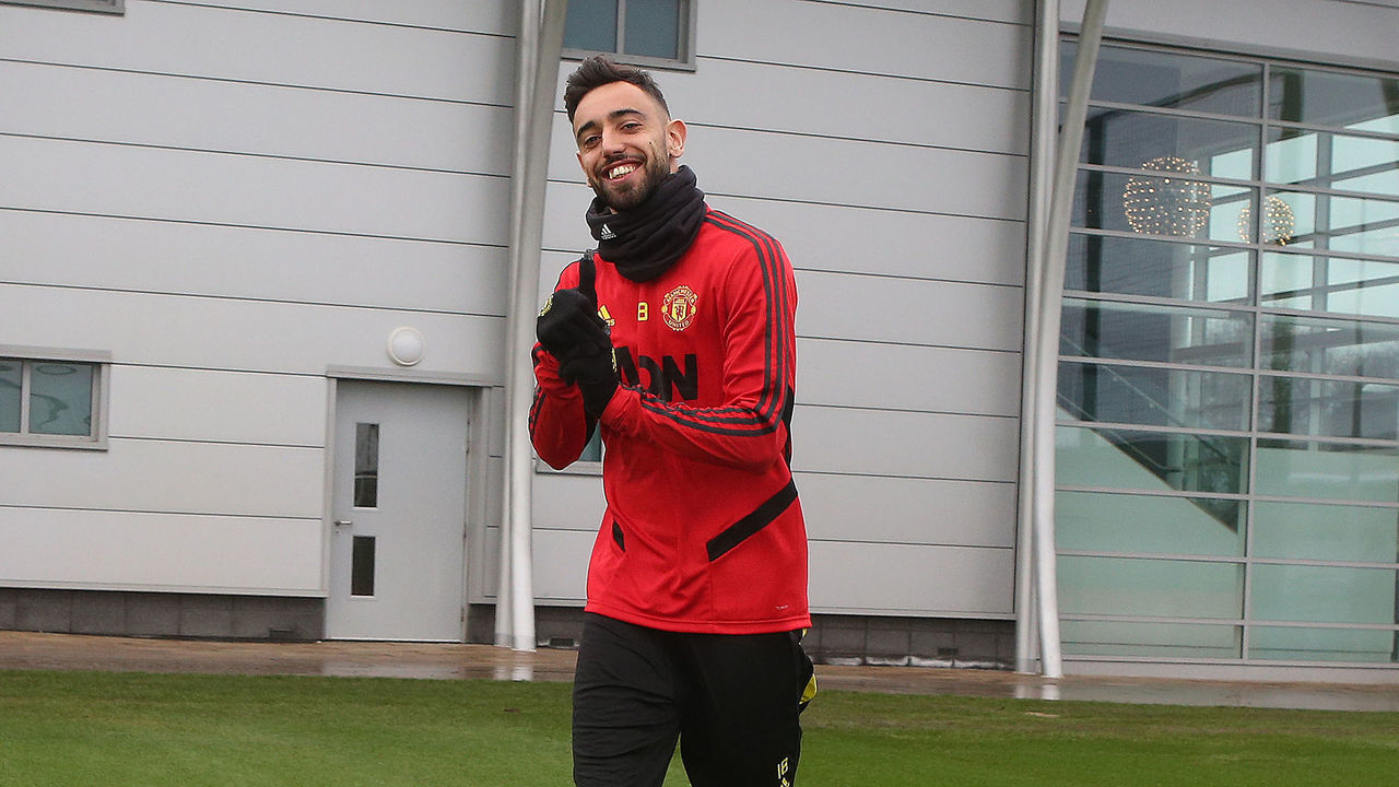 MANCHESTER, ENGLAND - JANUARY 31: (EXCLUSIVE COVERAGE) Bruno Fernandes of Manchester United in action during a first team training session at Aon Training Complex on January 31, 2020 in Manchester, England.