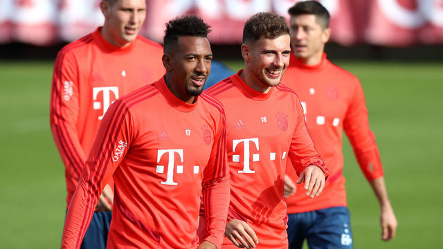 MUNICH, GERMANY - OCTOBER 18: (EXCLUSIVE COVERAGE) (L-R) Niklas Suele, Jerome Boateng, Leon Goretzka and Robert Lewandowski during a training session at Saebener Strasse training ground on October 18, 2019 in Munich, Germany.