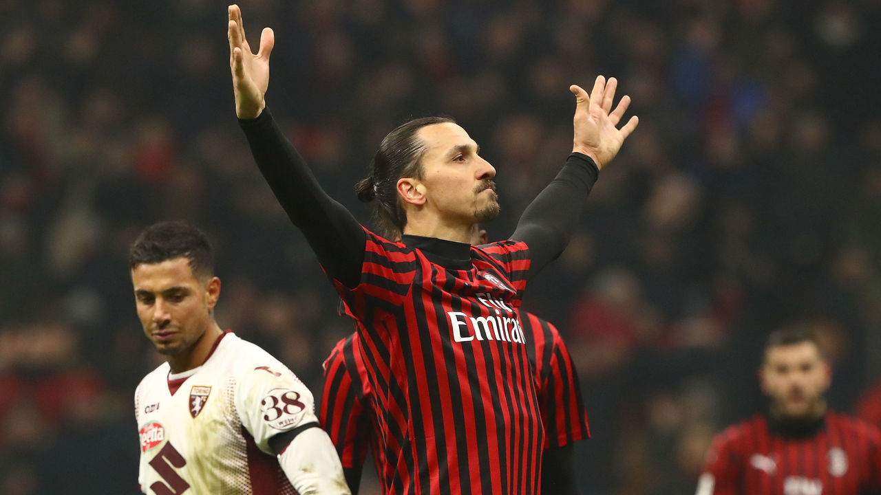 MILAN, ITALY - JANUARY 28: Zlatan Ibrahimovic of AC Milan celebrates his goal during the Coppa Italia Quarter Final match between AC Milan and Torino at San Siro on January 28, 2020 in Milan, Italy.