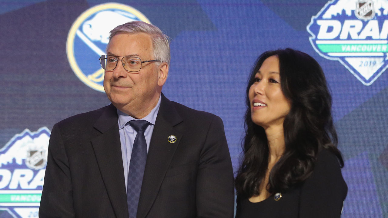 VANCOUVER, BRITISH COLUMBIA - JUNE 21: (L-R) Terry and Kim Pegula of the Buffalo Sabres attend the 2019 NHL Draft at the Rogers Arena on June 21, 2019 in Vancouver, Canada.