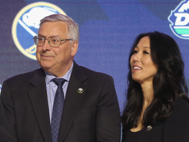 VANCOUVER, BRITISH COLUMBIA - JUNE 21: (L-R) Terry and Kim Pegula of the Buffalo Sabres attend the 2019 NHL Draft at the Rogers Arena on June 21, 2019 in Vancouver, Canada.