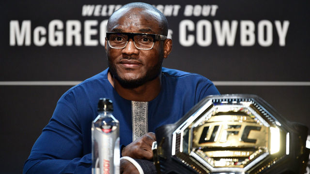 LAS VEGAS, NV - JANUARY 16: UFC welterweight champion Kamaru Usman interacts with the media during the UFC 246 Ultimate Media Day at UFC APEX on January 16, 2020 in Las Vegas, Nevada.