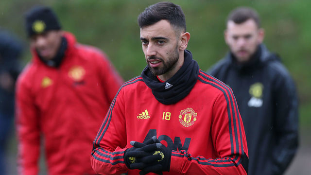 MANCHESTER, ENGLAND - JANUARY 31: (EXCLUSIVE COVERAGE) Bruno Fernandes of Manchester United in action during a first team training session at Aon Training Complex on January 31, 2020 in Manchester, England.