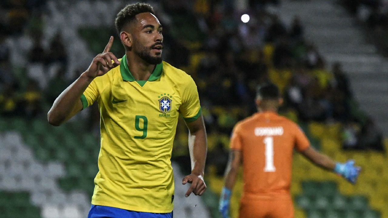 Brazilian forward Matheus Cunha celebrates after scoring against Bolivia during their Under-23 South American Pre-Olympic Tournament football match at Centenario Stadium in Armenia, Colombia, on January 28, 2020.