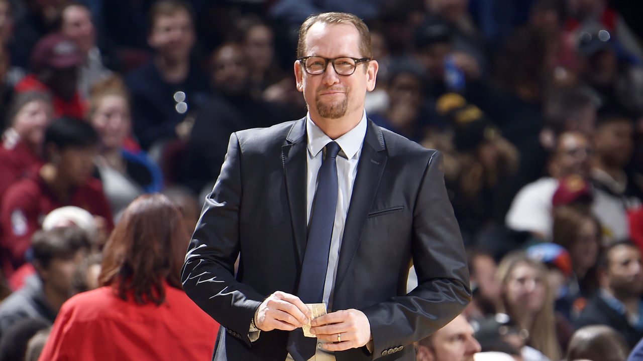 CLEVELAND, OH - JANUARY 30: Head Coach Nick Nurse of the Toronto Raptors looks on during a game against the Cleveland Cavaliers on January 30, 2020 at Rocket Mortgage FieldHouse in Cleveland, Ohio. NOTE TO USER: User expressly acknowledges and agrees that, by downloading and/or using this Photograph, user is consenting to the terms and conditions of the Getty Images License Agreement. Mandatory Copyright Notice: Copyright 2020 NBAE