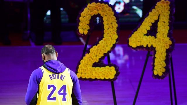 LeBron James pays tribute to Kobe Bryant, the late former Los Angeles Laker after he and 8 others were killed in a helicopter accident on January 26, ahead of the NBA game beween the Los Angeles Lakers and Portland Trailblazers on January 31. - Trailblazers defeated the Lakers 127-119.