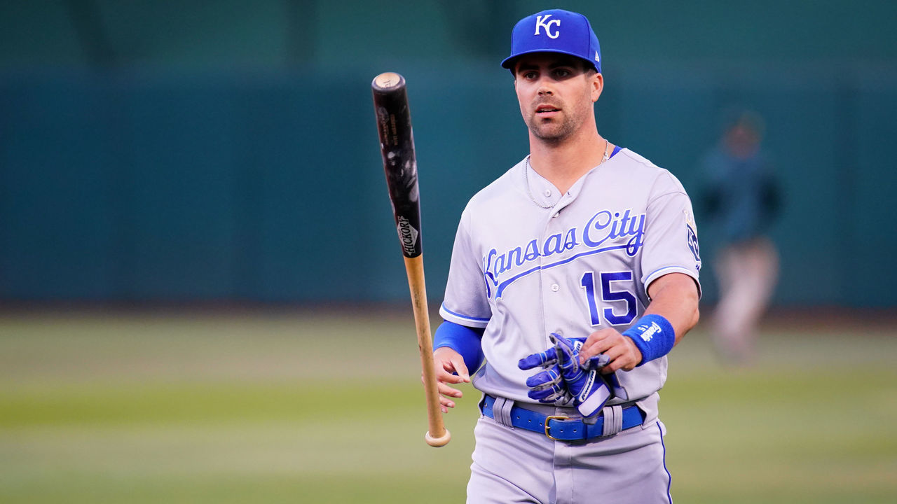 OAKLAND, CALIFORNIA - SEPTEMBER 17: Whit Merrifield #15 of the Kansas City Royals warms up prior to the game against the Oakland Athletics at Ring Central Coliseum on September 17, 2019 in Oakland, California.
