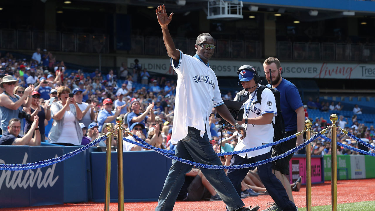 TORONTO, ON - AUGUST 11: Former player Tony Fernandez #1 of the Toronto Blue Jays acknowledges the fans during pre-game ceremonies honoring the club's back-to-back World Series championships in 1992 and 1993 before the start of MLB game action against the Tampa Bay Rays at Rogers Centre on August 11, 2018 in Toronto, Canada.