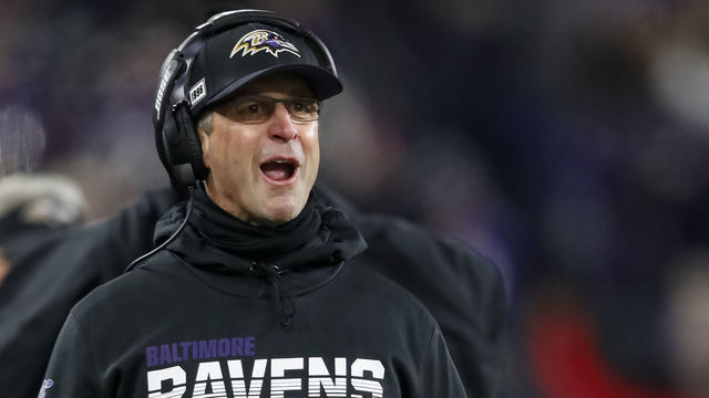 BALTIMORE, MD - DECEMBER 12: Head coach John Harbaugh of the Baltimore Ravens reacts to a play against the New York Jets during the second half at M&T Bank Stadium on December 12, 2019 in Baltimore, Maryland.