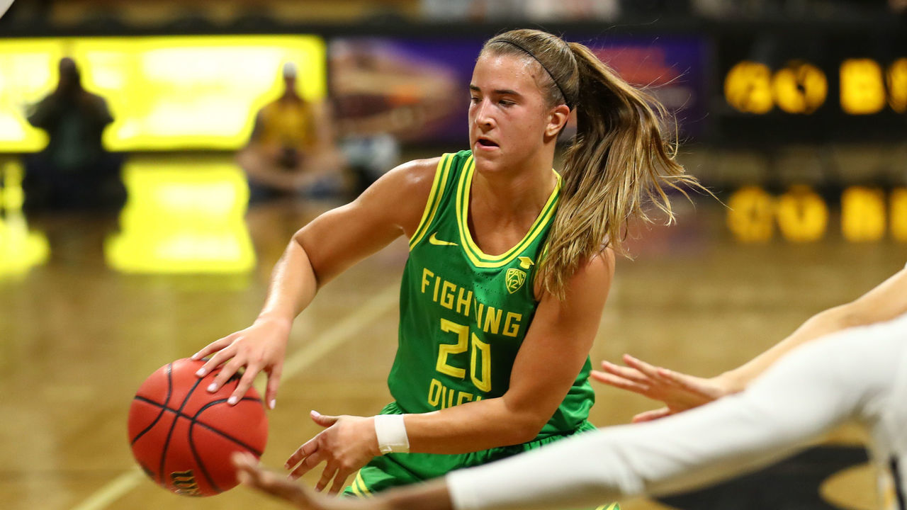 LONG BEACH, CALIFORNIA - DECEMBER 14: Sabrina Ionescu #20 of the Oregon Ducks moves the ball up the court in the fourth quarter against Long Beach State at Walter Pyramid on December 14, 2019 in Long Beach, California.