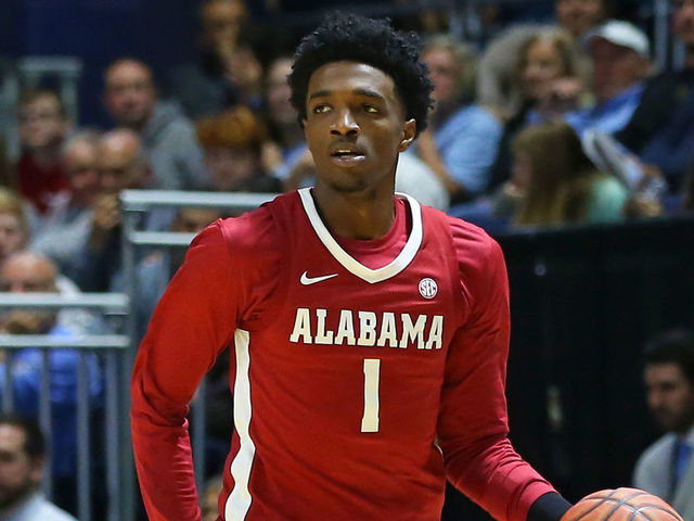 KINGSTON, RI - NOVEMBER 15: Alabama Crimson Tide forward Herbert Jones (1) fast-breaks during the college basketball game between Alabama Crimson Tide and Rhode Island Rams on November 15, 2019, at Ryan Center in Kingston, RI.
