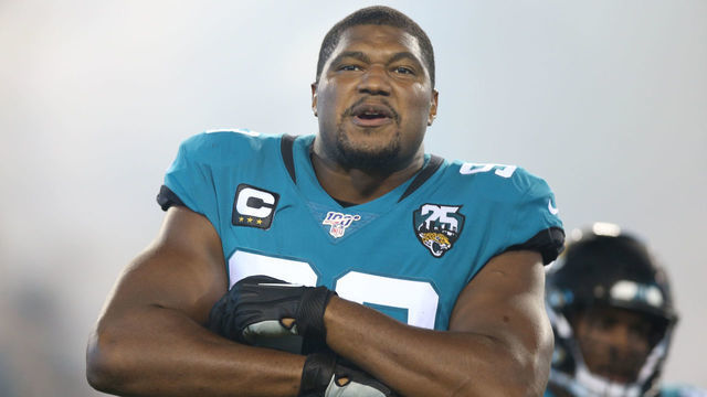 JACKSONVILLE, FL - SEPTEMBER 19: Jacksonville Jaguars Defensive End Calais Campbell (93) during the game between the Tennessee Titans and the Jacksonville Jaguars on September 19, 2019 at TIAA Bank Field in Jacksonville, Fl.
