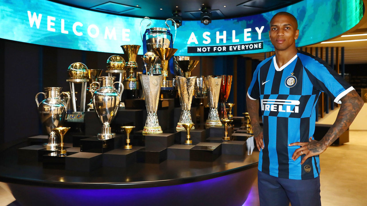 MILAN, ITALY - JANUARY 17: The new signing of FC Internazionale Milano Ashley Young poses with the team jersey on January 17, 2020 in Milan, Italy.