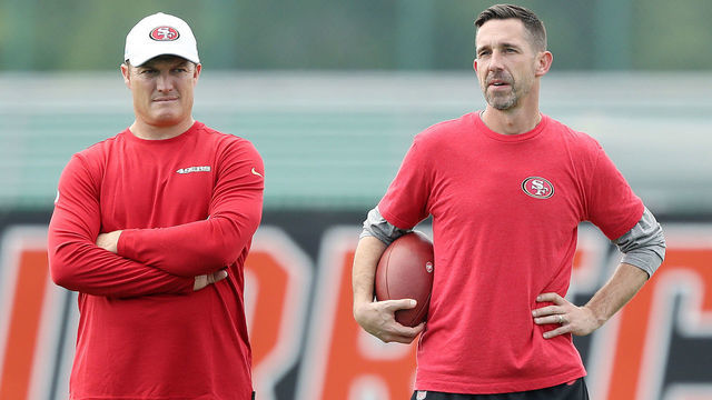 CORAL GABLES, FLORIDA - JANUARY 29: Head coach Kyle Shanahan of the San Francisco 49ers (R) talks with general manager John Lynch during practice for Super Bowl LIV at the Greentree Practice Fields on the campus of the University of Miami on January 29, 2020 in Coral Gables, Florida.