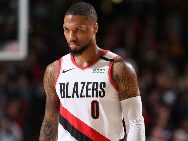 PORTLAND, OR - FEBRUARY 1: Damian Lillard #0 of the Portland Trail Blazers looks on during a game against the Utah Jazz on February 01, 2020 at the Moda Center Arena in Portland, Oregon. Mandatory Copyright Notice: Copyright 2020 NBAE