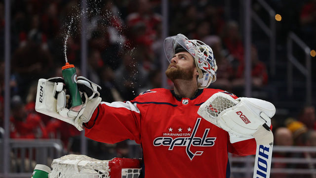 WASHINGTON, DC - JANUARY 29: Braden Holtby #70 of the Washington Capitals looks on against the Nashville Predators during the third period at Capital One Arena on January 29, 2020 in Washington, DC.