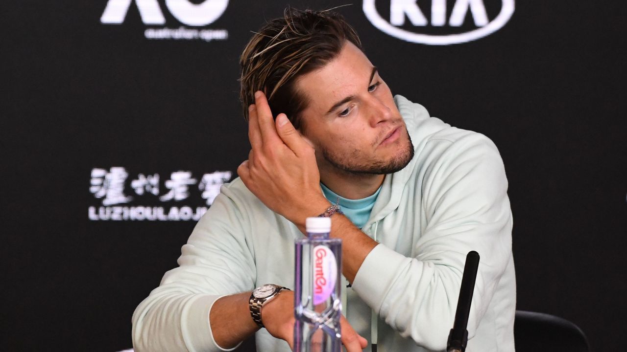 Austria's Dominic Thiem reacts during a press conference after losing to Serbia's Novak Djokovic in their men's singles final match on day fourteen of the Australian Open tennis tournament in Melbourne on February 3, 2020.